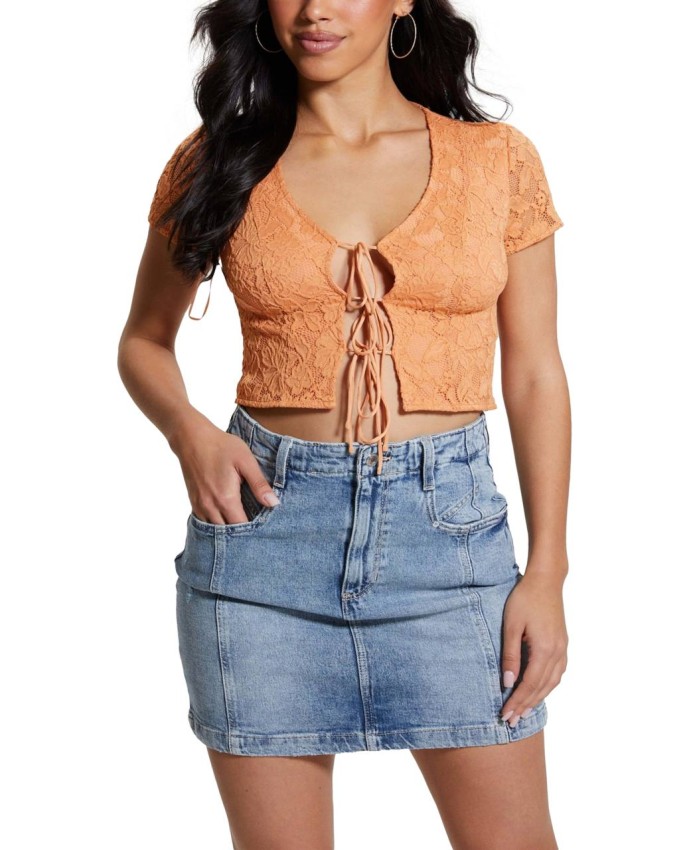 Назва: guess-lace-front-tie-top<br>ALT: Стильний жіночий мереживний топ GUESS із зав'язками спереду, елегантний і романтичний